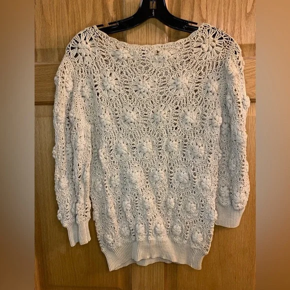 Vintage SK Imports Hand Crocheted Cream Sweater 3/4 Sleeves Floral Design Size L - Picture 3 of 4